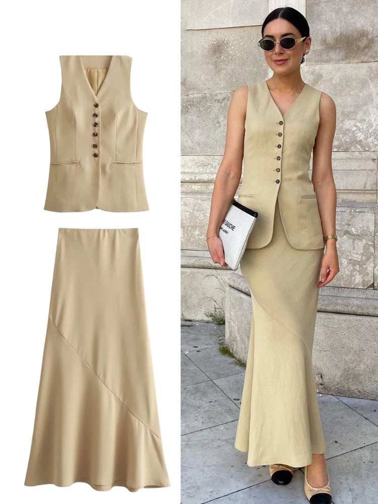 HH Women Vest Skirt Sets Female Khaki Long Blazer Vest V Neck Sleeveless Slim Top+Elegant High Waist A Line Skirt Suit TRAF