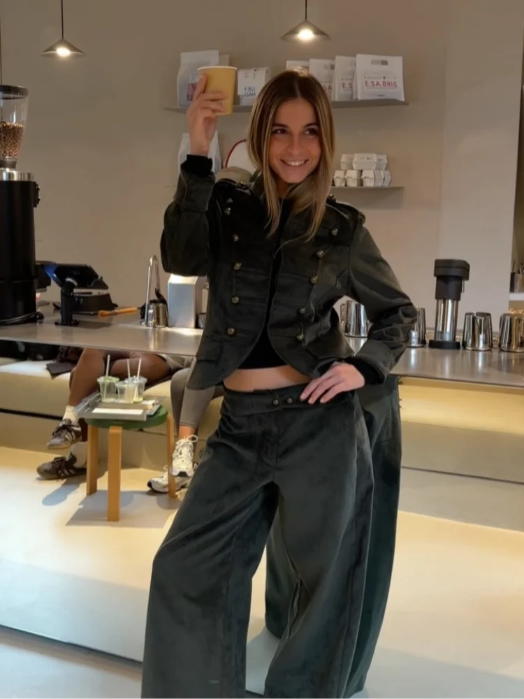 Retro Corduroy Pants Set Women Military Style Cropped Jacket Matching Wide Leg Pant Fashion Outfit Casual Streetwear Office Suit