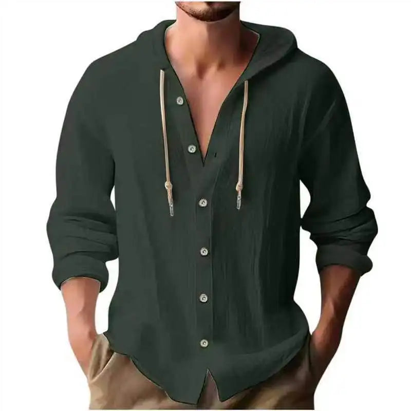 Camicia Uomo Cotone e Lino con Cappuccio – Cardigan Casual Beach Loose Fit
