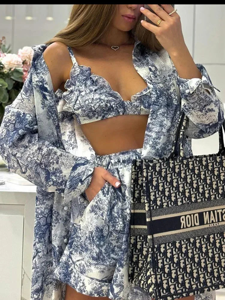 Retro Ink Shirt Three-piece Shorts Suit Women's Summer Casual Long Sleeve Button Print Fashion Shirt with Shorts Suit