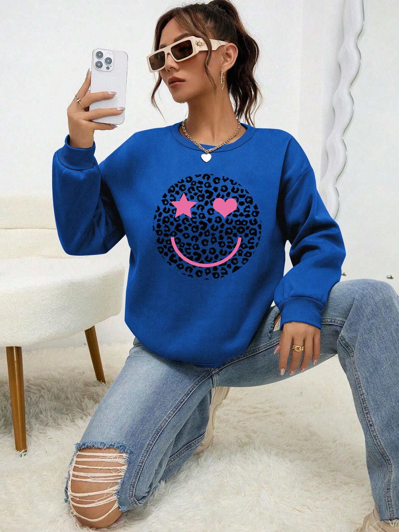 Felpa Donna Stampa Leopardo Happy Face - Pullover Fleece Streetwear Autunno Inverno