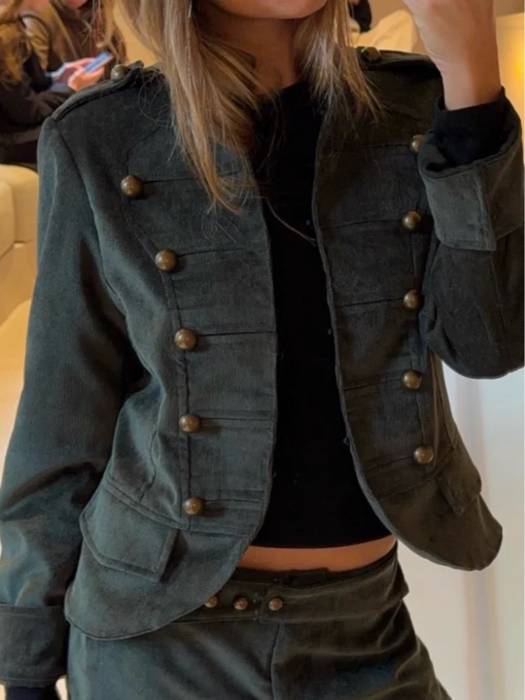Retro Corduroy Pants Set Women Military Style Cropped Jacket Matching Wide Leg Pant Fashion Outfit Casual Streetwear Office Suit