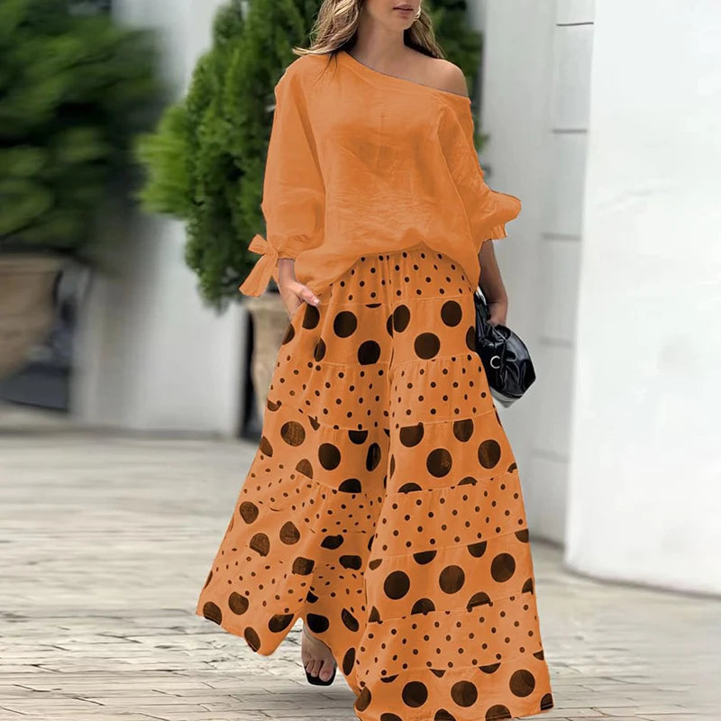Completo Due Pezzi Donna — Top Scollo Obliquo e Pantaloni Wide Leg Casual Estivo