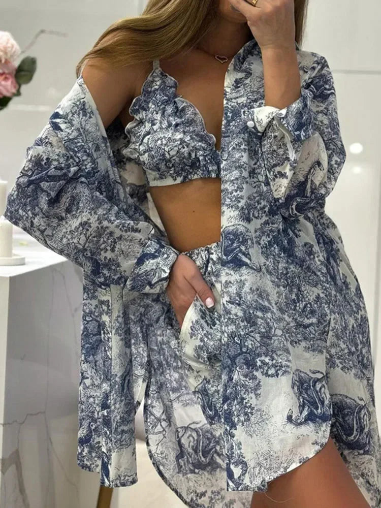 Retro Ink Shirt Three-piece Shorts Suit Women's Summer Casual Long Sleeve Button Print Fashion Shirt with Shorts Suit