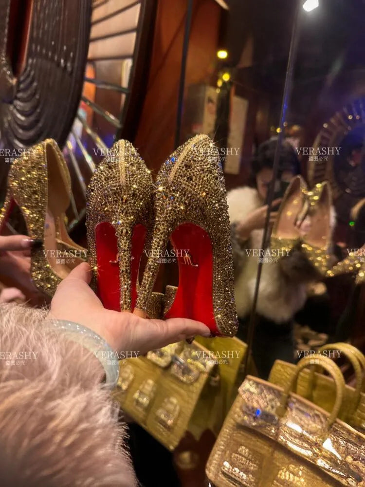 Golden Age 2025 Summer New Style Side Air Gold Style Fine Heels Pointed Red Bottom High Heels Water Diamond Single Shoes