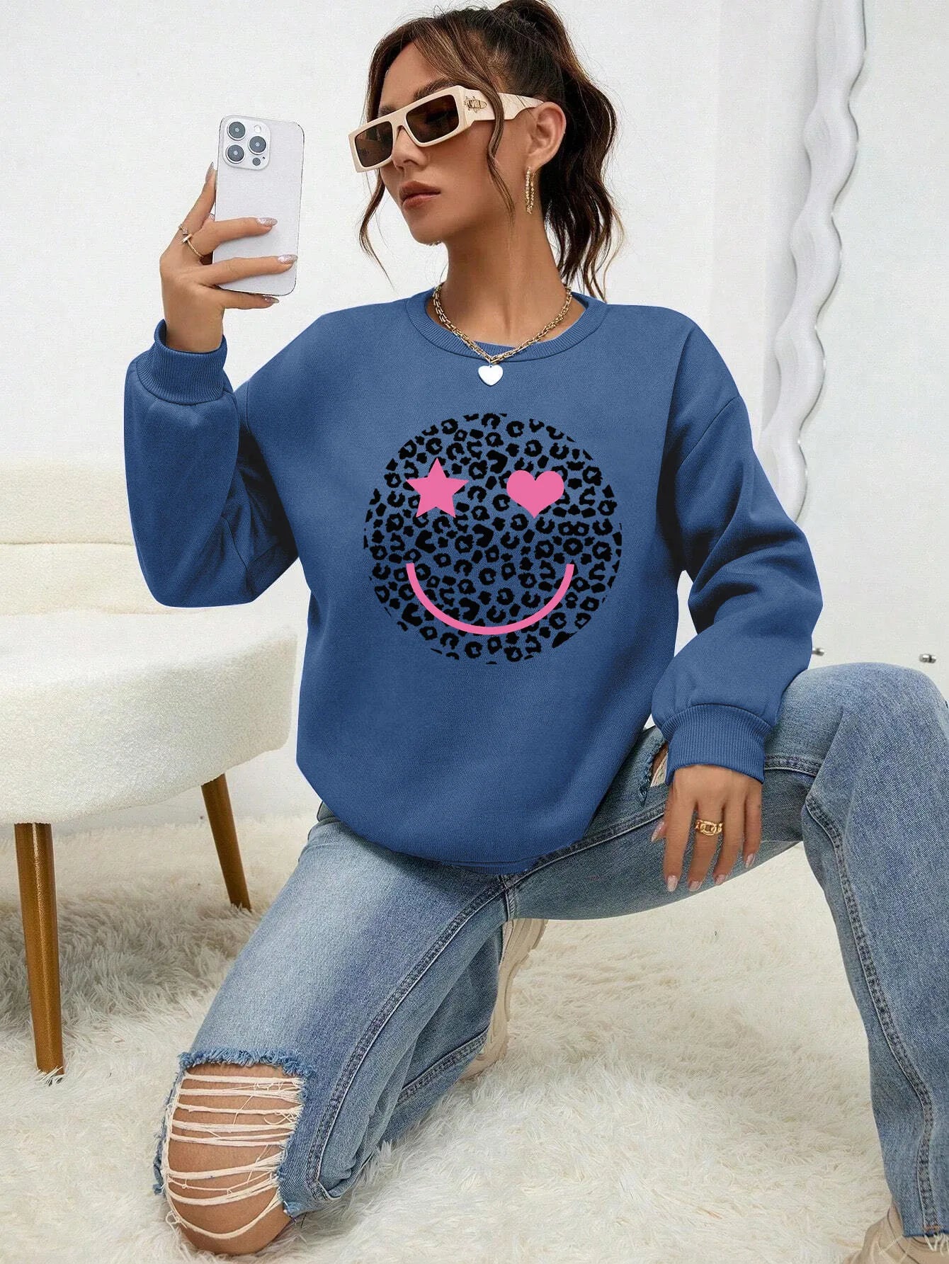 Felpa Donna Stampa Leopardo Happy Face - Pullover Fleece Streetwear Autunno Inverno