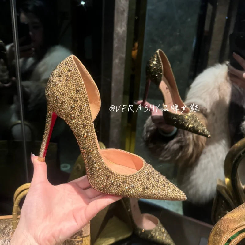 Golden Age 2025 Summer New Style Side Air Gold Style Fine Heels Pointed Red Bottom High Heels Water Diamond Single Shoes