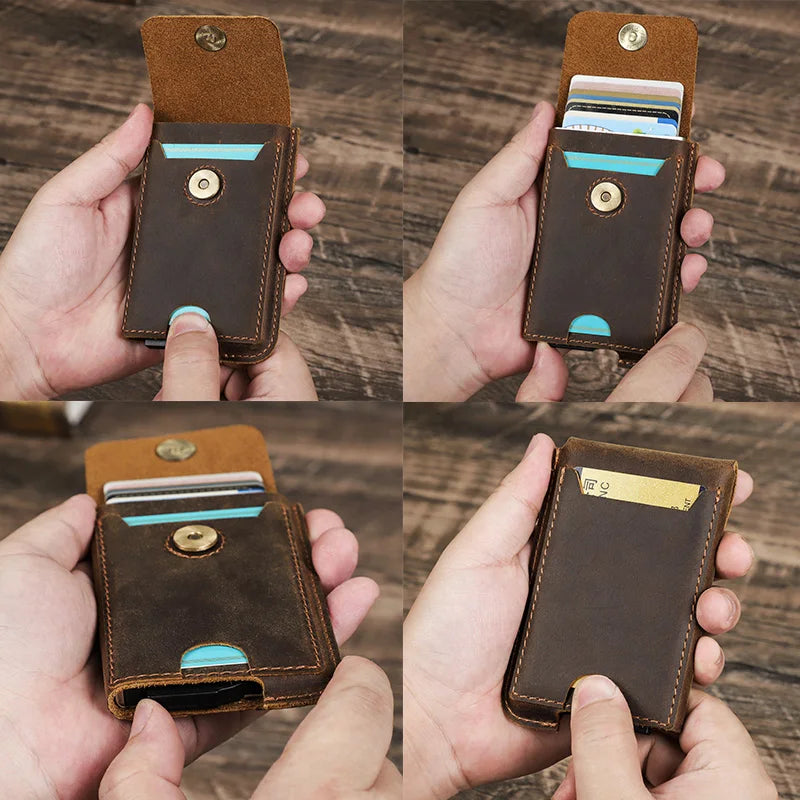 CONTACT'S Men's Credit Card Holder Wallet RFID Genuine Leather Hasp Card Case Man Casual Designer Mini Cards Aluminum Box Purse