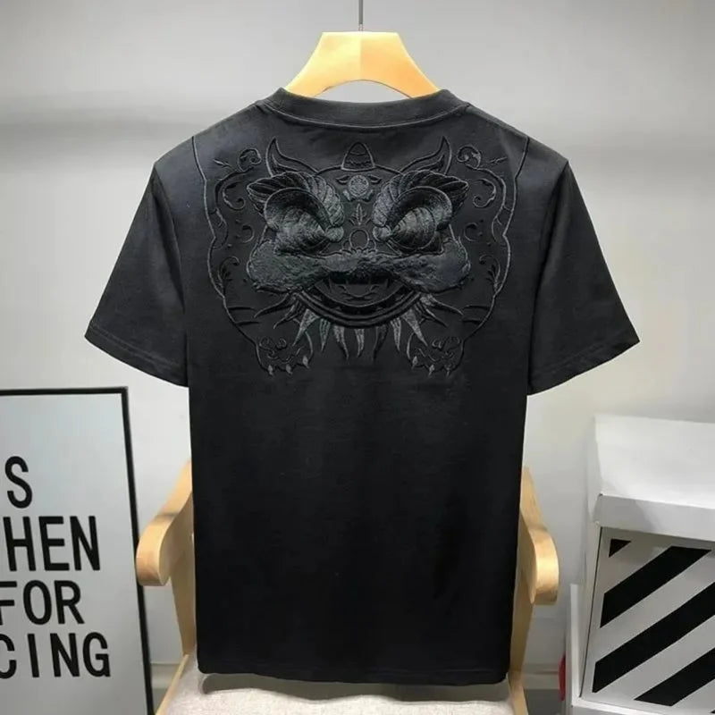 T-shirt Uomo Ricamo Leone – Stile Cinese Casual Estiva