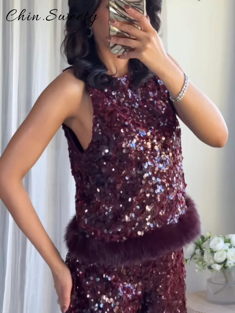 Completo Elegante Donna con Paillettes e Piume - Gilet Scollo Rotondo e Pantaloni Palazzo per Cerimonie