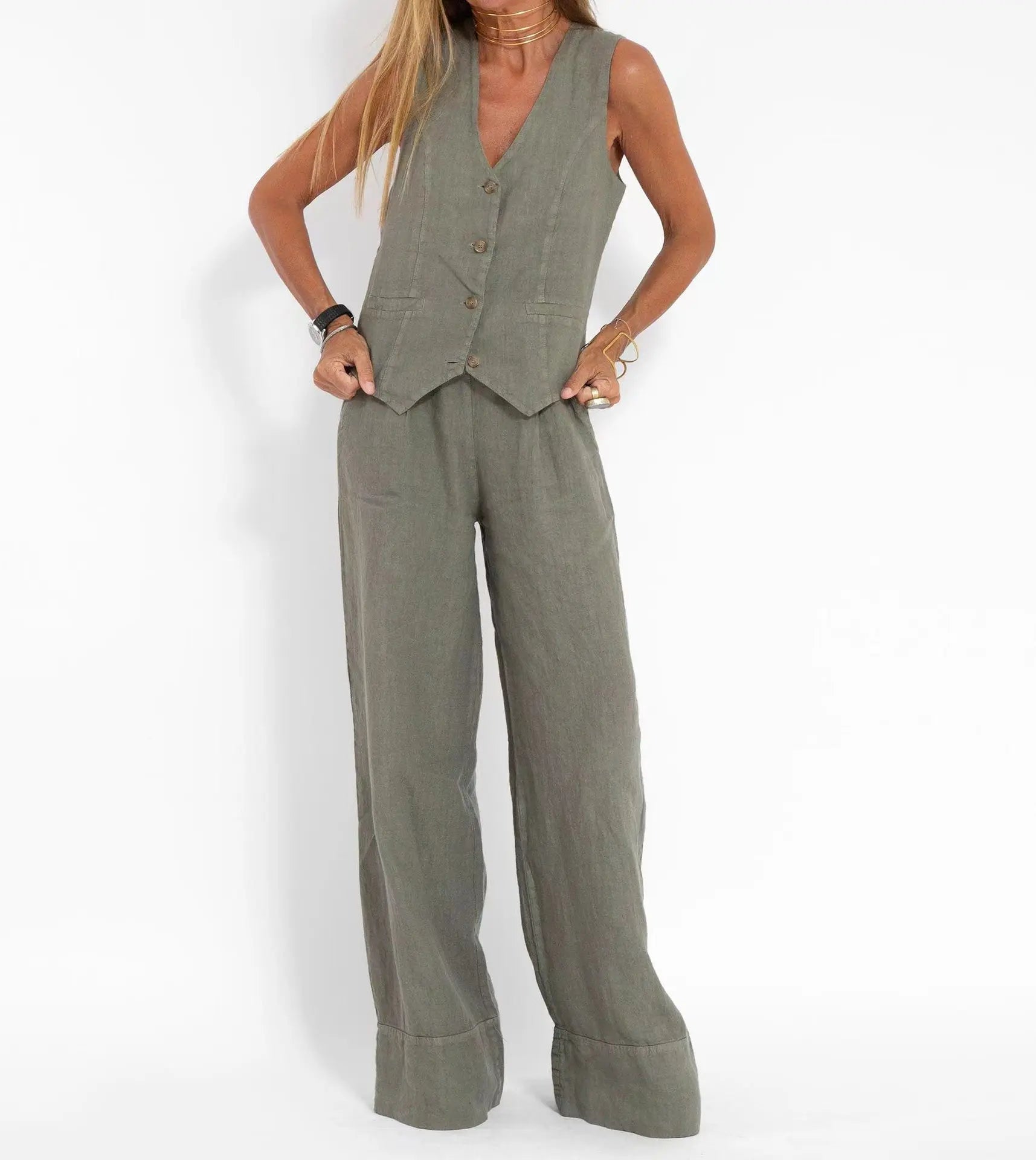 Fashion Solid Sleeveless Vest Wide Leg Pants Sets For Women Summer V-neck Button Top Pocket  Trousers Outfits Two-piece Suit