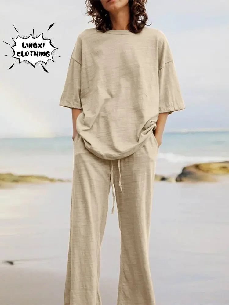 Completo Due Pezzi Donna — Top Girocollo con Tasche e Pantaloni Wide Leg Casual