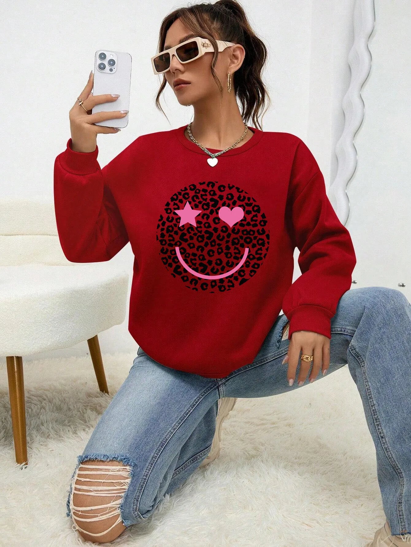 Felpa Donna Stampa Leopardo Happy Face - Pullover Fleece Streetwear Autunno Inverno