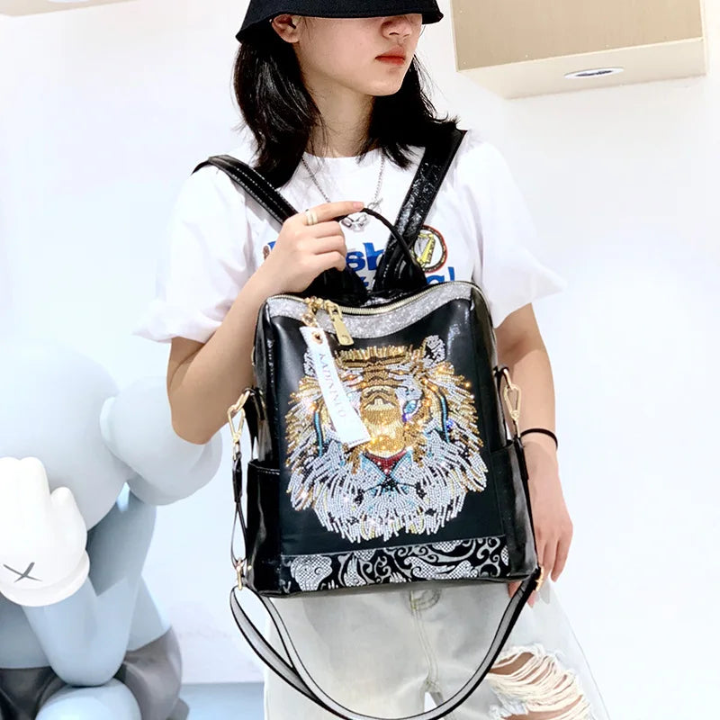 Zaino Donna Fashion con Paillettes - Borsa Scuola in Pelle Morbida per Viaggio