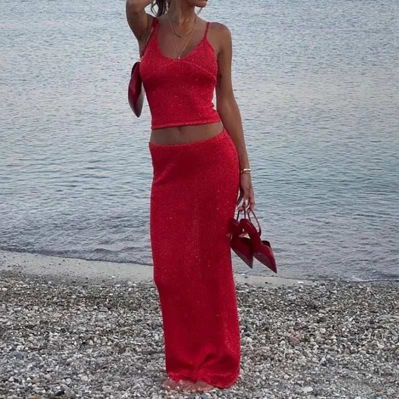 hirigin Women Sparkly Two Piece Skirt Outfits Sleeveless Spaghetti Strap Scoop Neck Cami Tops Bodycon Sexy Maxi Skirts