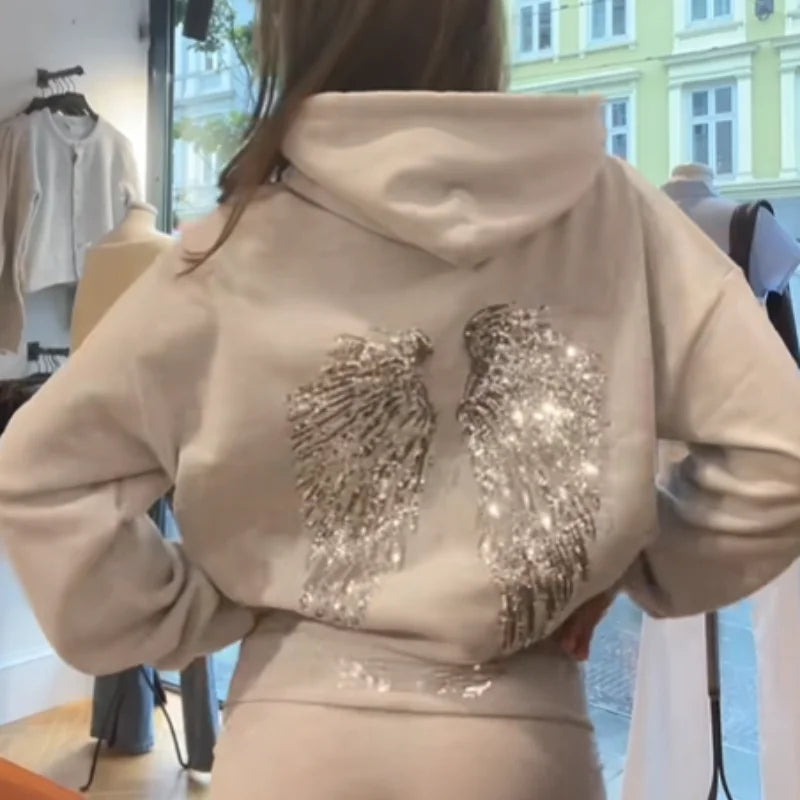Felpa con Cappuccio Donna Gothic Paillettes Ali d'Angelo - Pullover Loose Autunno Inverno