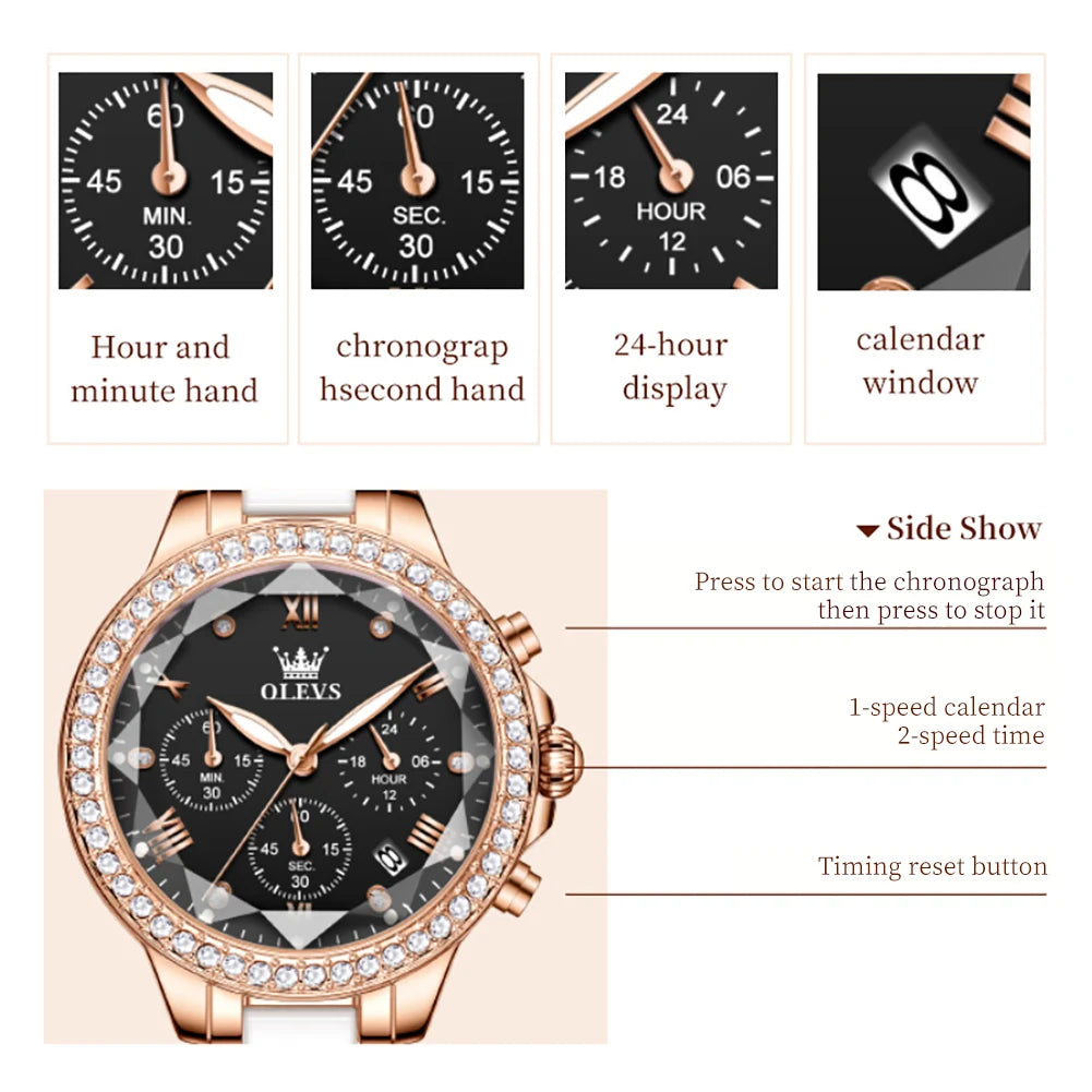 OLEVS Exquisite Women's Watches Prismatic Mirror Surface Quartz Watch Chronograph Gift Bracelet Calendar Waterproof Female Watch
