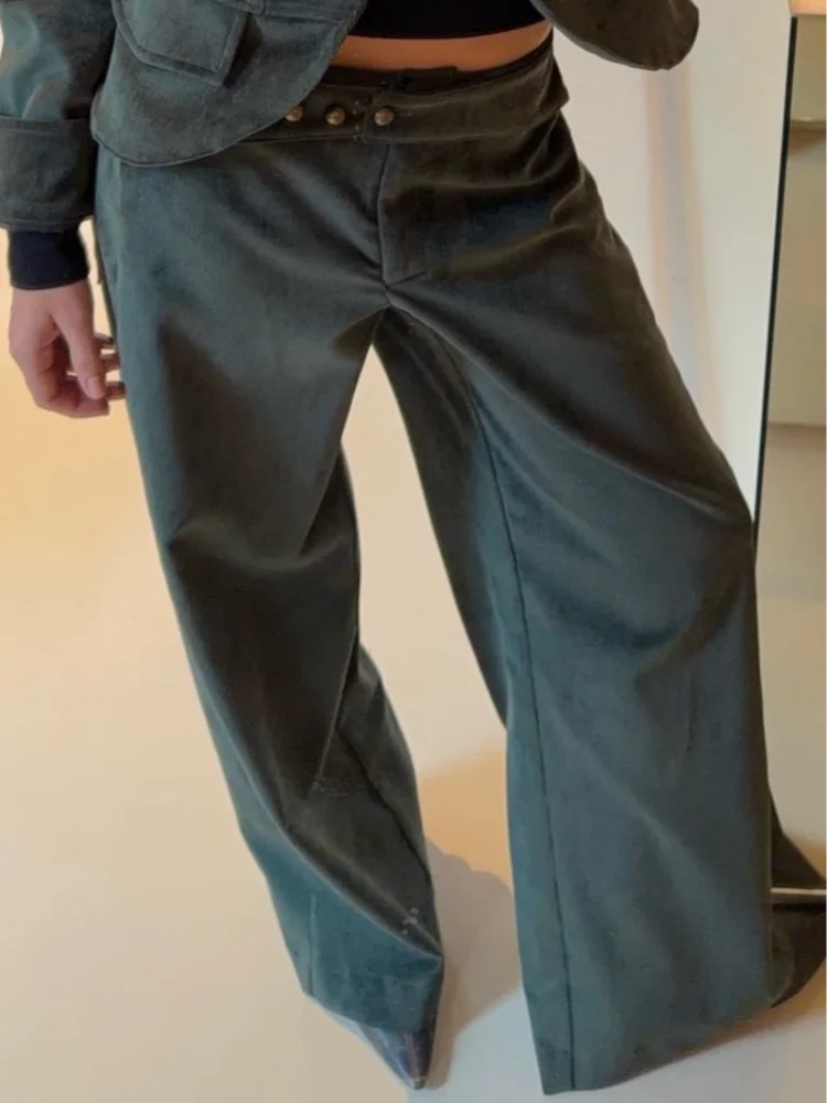 Retro Corduroy Pants Set Women Military Style Cropped Jacket Matching Wide Leg Pant Fashion Outfit Casual Streetwear Office Suit