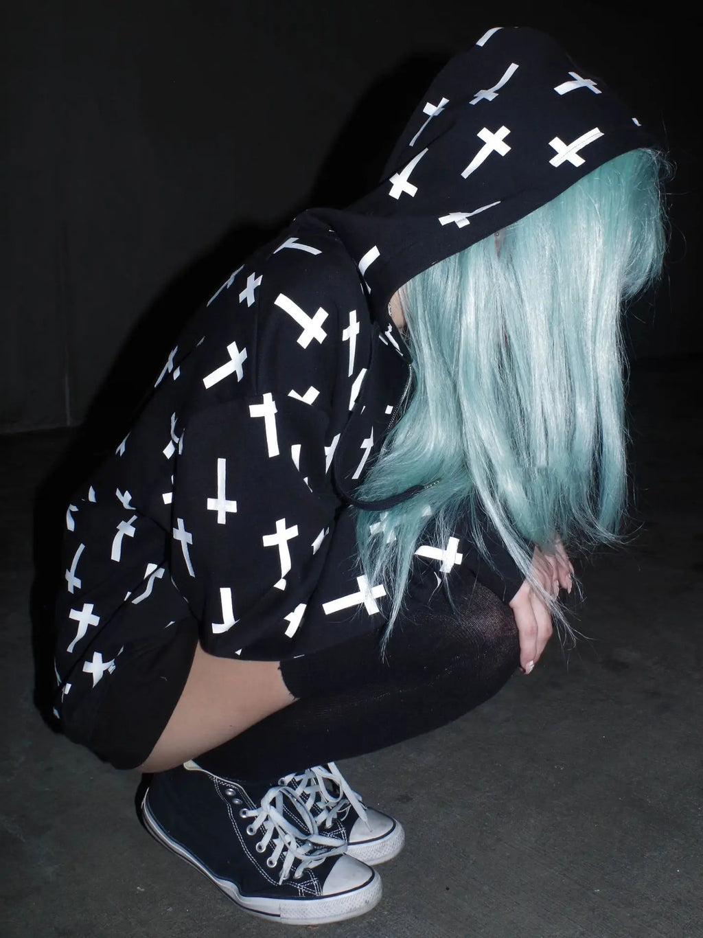 Felpa con Cappuccio Donna Y2K Gothic Punk - Stampa Croce Retrò Americana con Zip