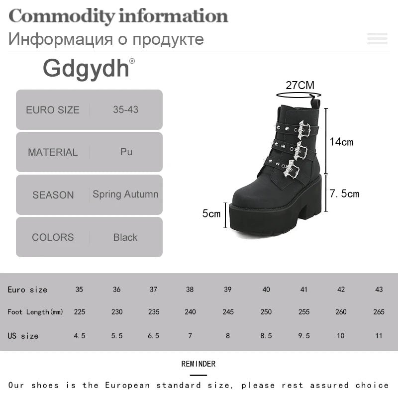 Gdgydh Sexy Rivets Black Demoia Boots Women Metal Decoration Platform Heels Gothic Bat Buckle Strap Ladies Short Boots Plus Size